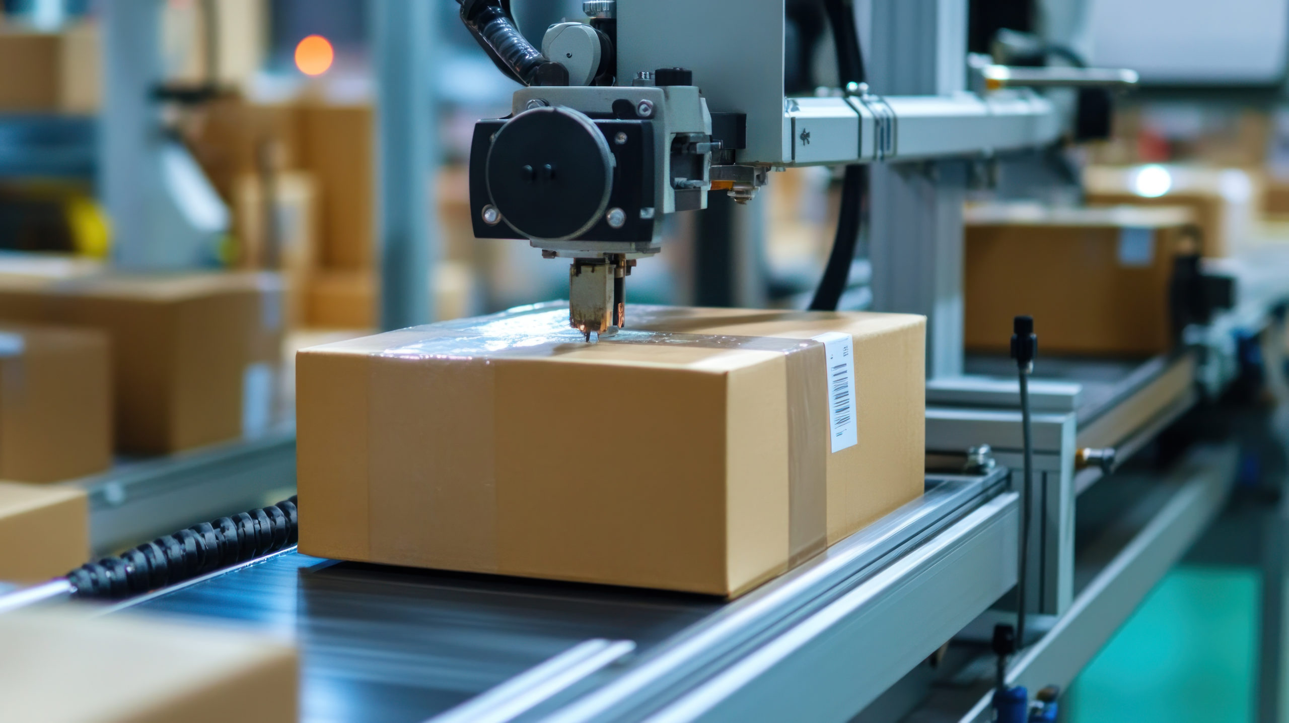 A cardboard box is being sealed by an automated machine on a conveyor belt in a warehouse setting.