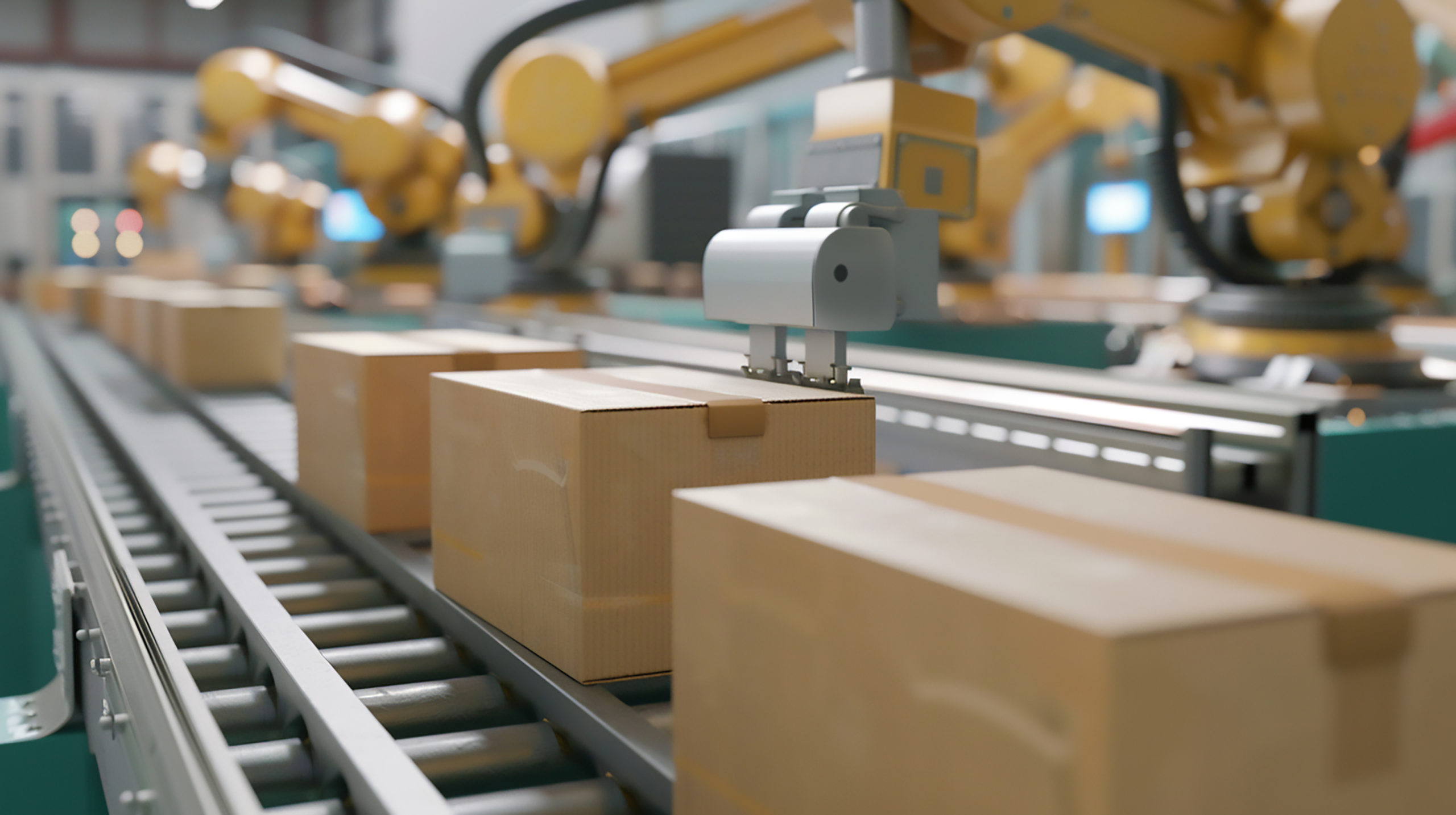 A robotic arm organizes boxes on a conveyor belt in an industrial setting.