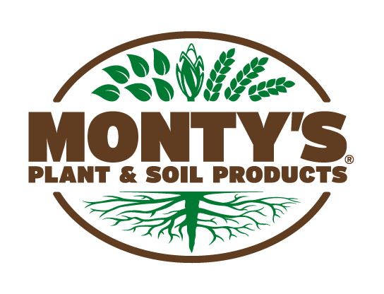 Logo for Monty's Plant & Soil Products featuring green leaves and roots with brown text.