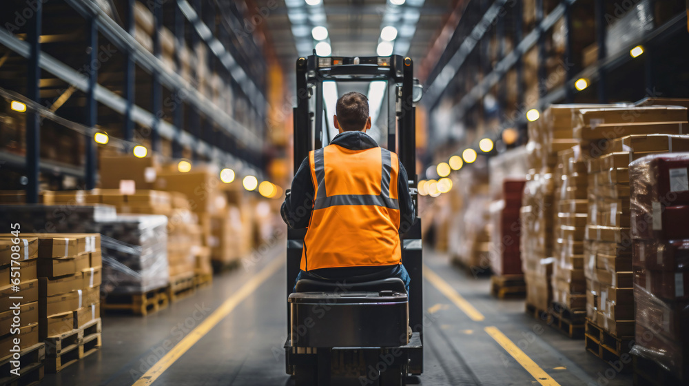 A person wearing an orange safety vest operates a forklift in a large, well-lit warehouse filled with shelves of boxes.
