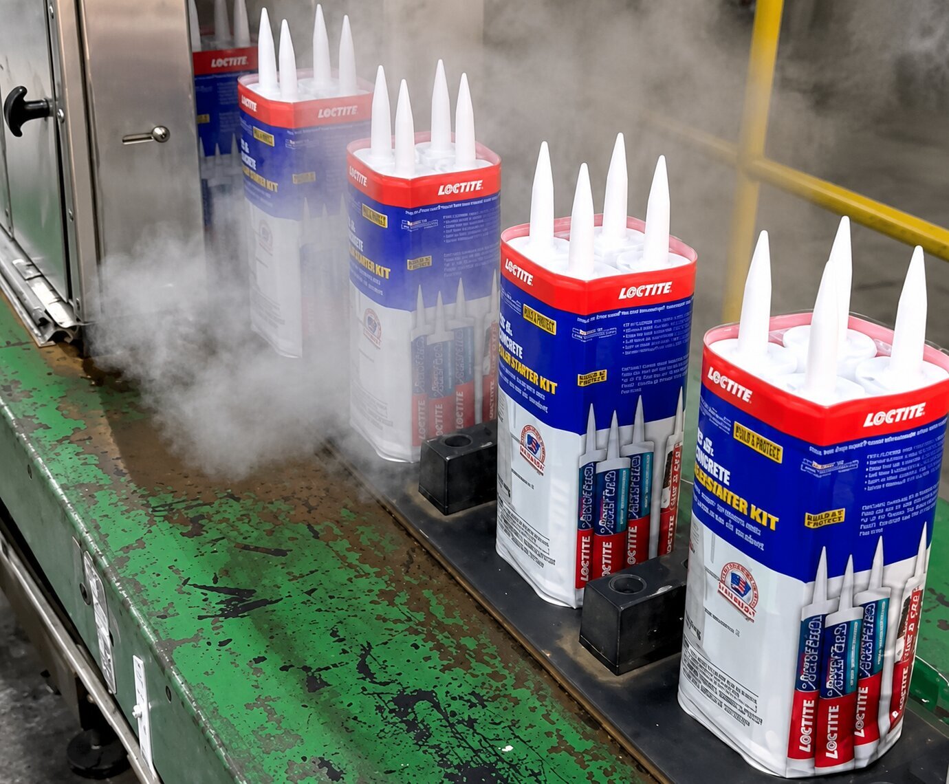 Tubes of silicone sealant are being prepared on a production line with visible steam or mist around them.